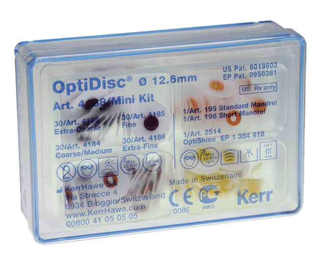 Диски OptiDisc Mini Kit полировочные мини-набор 4*30шт диаметр 12,6 мм, стандартный дискодержатель, короткий дискодержатель, OptiShine (Kerr)