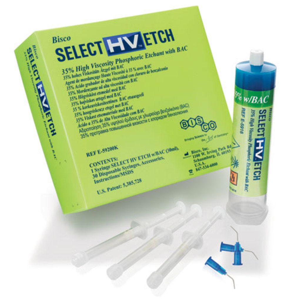 Купить Селект SELECT-HV-ETCH 35% с БАХ набор полугелевая протравка точечного нанесения с антибактериальным агентом 30 мл + 30 пустых шприцев (Bisco)