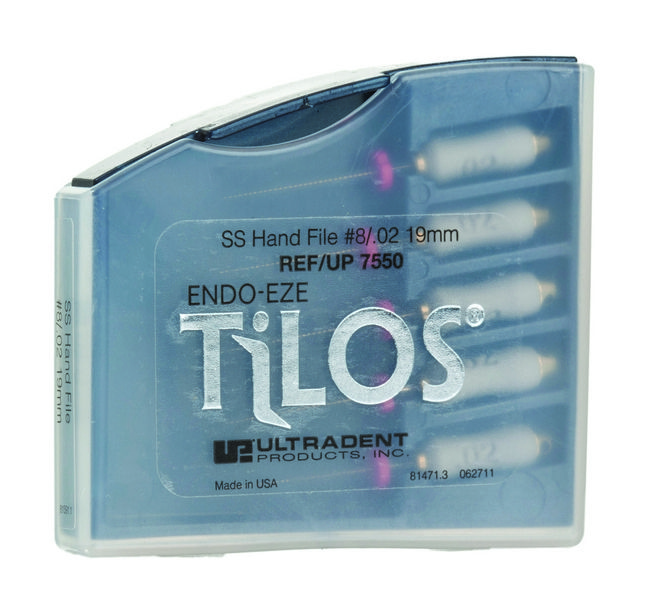 Ручные эндофайлы TiLOS Hand file, размер 08, L 19мм, для профессиональной подготовки зубных каналов к пломбированию, 5шт (Ultradent)
