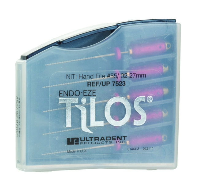Ручные эндофайлы TiLOS Ni-Ti Hand file, размер 55, L 27мм, для профессиональной подготовки зубных каналов к пломбированию, 5шт (Ultradent)