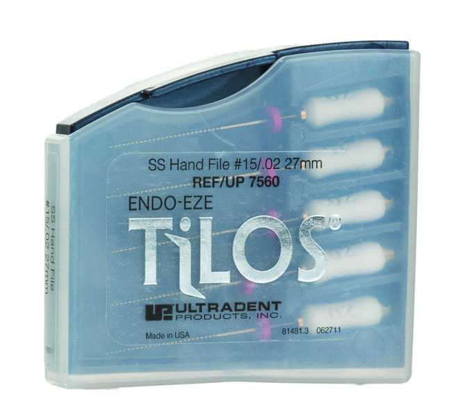 Ручные эндофайлы TiLOS Hand file, размер 15, L 27мм, для профессиональной подготовки зубных каналов к пломбированию, 5шт (Ultradent)